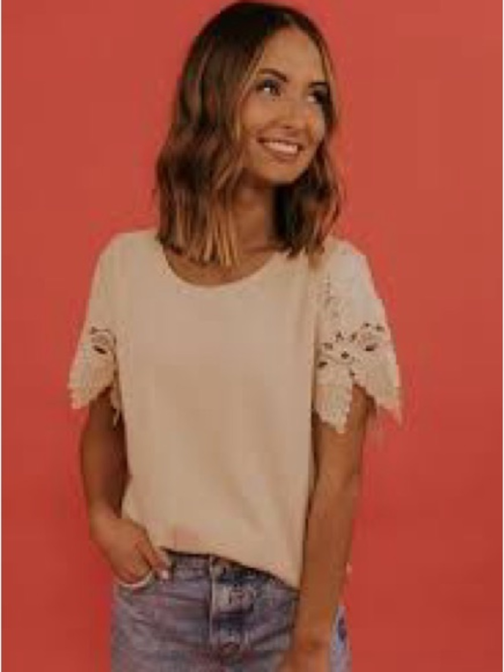 Roolee Apricot Textured Tee with Intricate Lace Sleeves - Size Small